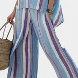 Lucie – elegantní top v pastelově mauve a pruhované lněné kalhoty